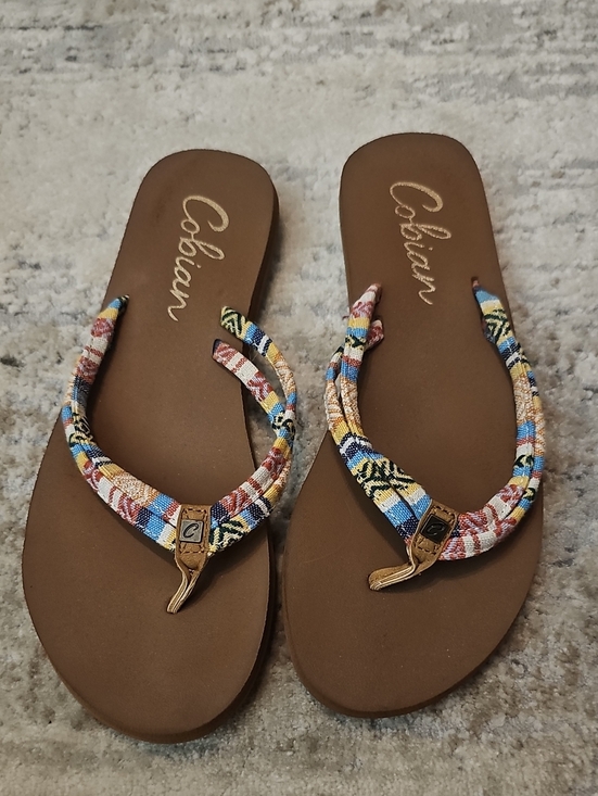 Cobian Shoes - Cobian Women's Brown Sandals with Multicolor Woven Straps 7.5/8